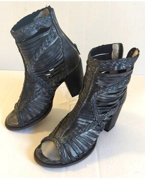 Freebird by Steven Distressed Black Braided Leather Peep-Toe Block Heel Ankle